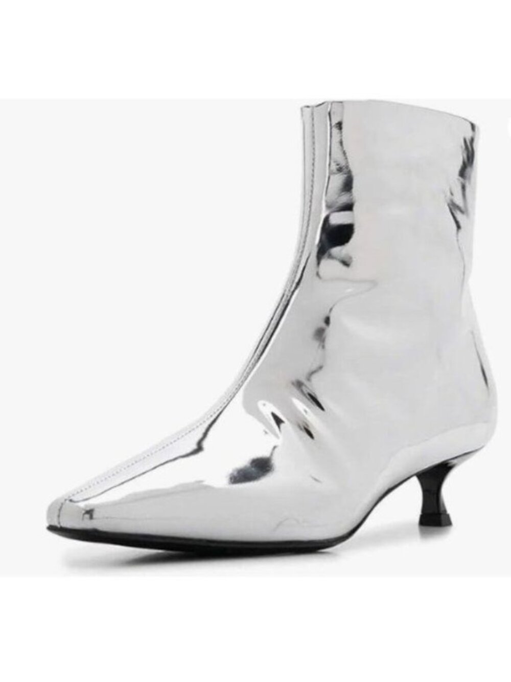 XYD Women Low Kitten Heel Ankle Boots Square Closed Toe Patent Leather Sliver
